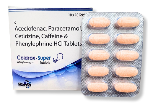 Coldrox-Super Aceclofenac 100 mg + Paracetamol 325 mg + Citrizine Dihydrochloride 10 mg + Phenylephrine HCL Caffeine (Anhydrous) 25mg