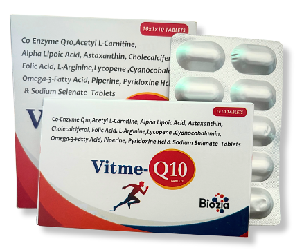 Vitme-Q10 "Each Film Coated Tablet Contains:- Acetyl L-Carnitine 100mg Alpha Lipoic Acid 100mg Astaxanthin 8mg Cholecalciferol 1000 IU Co-Enzyme Q10 100mg Folic Acid 400mcg L-Arginine 300mg Lycopene (6%) 5000mcg Cyanocobalamin 2.5mcg Omega-3-Fatty Acid 100mg Piperine 5mg Pyridoxine Hcl 8mg Sodium Selenate 35mcg"