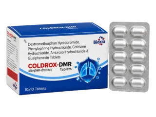 Coldrox-DMR tablets box and Alu-Alu strip - Dextromethorphan, Phenylephrine, Cetirizine, Ambroxol and Guaifenesin tablets 10x10