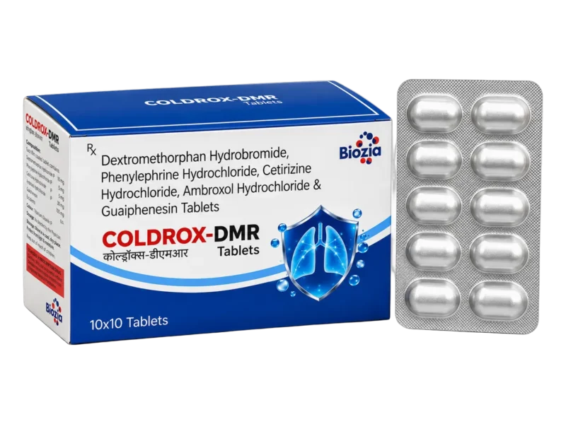 Coldrox-DMR tablets box and Alu-Alu strip - Dextromethorphan, Phenylephrine, Cetirizine, Ambroxol and Guaifenesin tablets 10x10