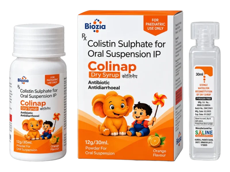 Colinap Colistin Sulphate for Oral Suspension IP dry syrup 30ml - bottle, carton and sterile water for reconstitution