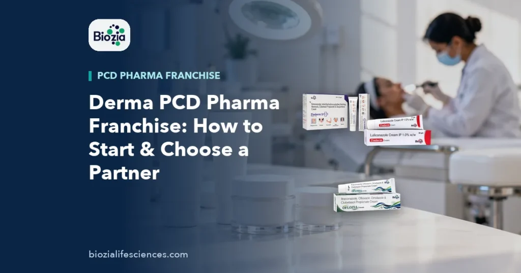 Unbranded cream tubes and ointment jars on a dermatology clinic counter, the core range of a derma PCD franchise