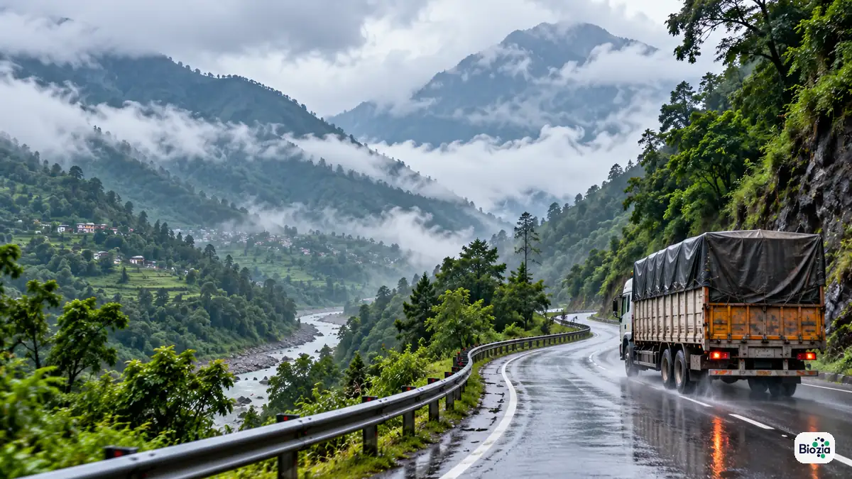 Goods truck on a hill highway representing pharma logistics to Himachal Pradesh