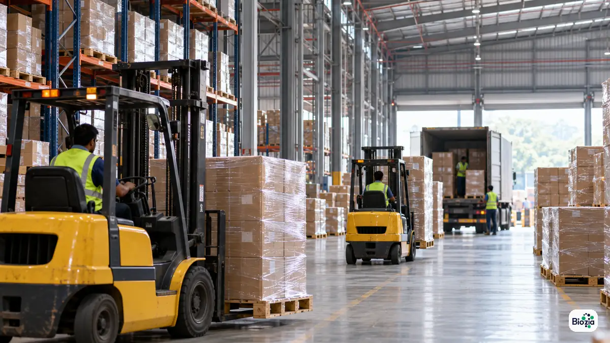 Pallets of cartons at a Mumbai-area logistics hub where pharma consignments reach Maharashtra distributors