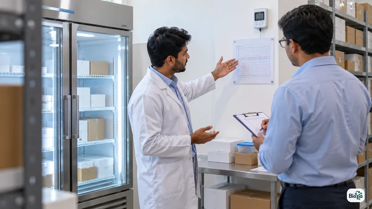 Pharmacist showing storage and refrigerator during a wholesale drug licence premises check in Gujarat