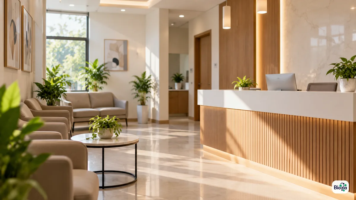 Quiet dermatology clinic interior where derma PCD products are prescribed
